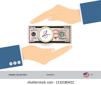 Clock on 50 US Dollar Banknote. Flat style vector illustration. Time and Business concept.