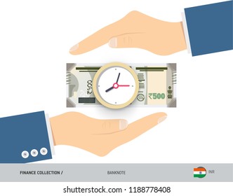Clock on 500 Indian Rupee Banknote. Flat style vector illustration. Time and Business concept.