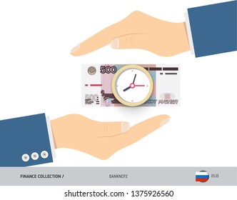Clock on 500 Russian Ruble Banknote. Flat style vector illustration. Time and Business concept.