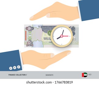 Clock on 500 United Arab Emirates Dirham Banknote. Flat style vector illustration. Time and Business concept.
