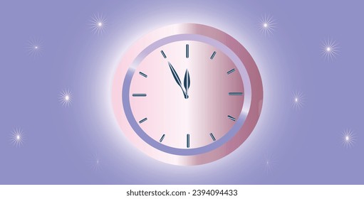Clock on a background of blue, purple and pink, gradient colors, holidays. Vector illustration.