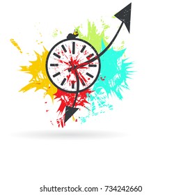 Clock on background with color spots. Grunge vector illustration