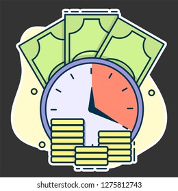clock on the background of gold coins and paper money, concept of deadline and long-term investment or loan, line art vector