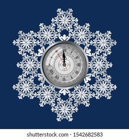 Uhren auf dem Hintergrund von Schneeflocken, ein Symbol der bevorstehenden Weihnachten. Nur eine Minute vor Weihnachten. Vektorgrafik.
