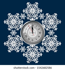 Uhren auf dem Hintergrund von Schneeflocken, ein Symbol der bevorstehenden Weihnachten. Nur eine Minute vor Weihnachten. Vektorgrafik.