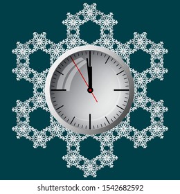 Clock on a background of snowflakes, a symbol of the upcoming Christmas. Just one minute before Christmas. Vector illustration.
