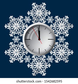 Clock on a background of snowflakes, a symbol of the upcoming Christmas. Just one minute before Christmas. Vector illustration.