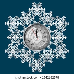Clock on a background of snowflakes, a symbol of the upcoming Christmas. Just one minute before Christmas. Vector illustration.