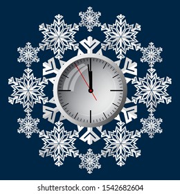 Reloj sobre el fondo de copos de nieve, un símbolo de la próxima Navidad. Un minuto antes de Navidad. Ilustración vectorial.