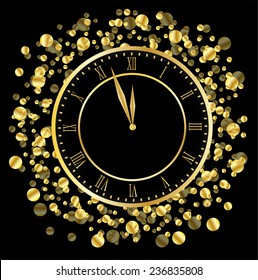 clock on a black  background with gold spangles,  vector  illustration