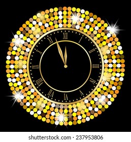 clock on a black background with gold spangles,  vector  illustration