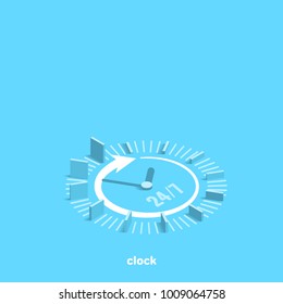 clock on a blue background 24/7, isometric image