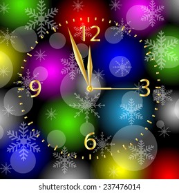 clock on a bright christmas background ,  vector  illustration
