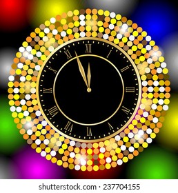 clock on a bright christmas background with gold spangles,  vector  illustration