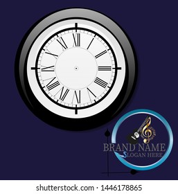 Clock on a dark blue background and company logo