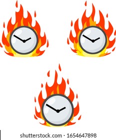 Clock is on fire. Lack of time and haste. Last-minute deadlines. Set of dials in flames. Late and delayed. Business icon. Cartoon flat illustration