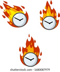 Clock is on fire. Last-minute deadlines. Set of dials in flames. Late and delayed. Business icon. Cartoon flat illustration. Lack of time and haste