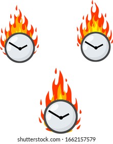 Clock is on fire. Late and delayed. Business icon. Cartoon flat illustration. Set of dials in flames. Lack of time and haste. Last-minute deadlines