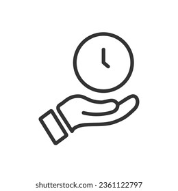 Clock on hand - line icon with editable stroke. Vector illustration. 