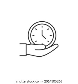 Clock on hand. Time management icon line style isolated on white background. Vector illustration