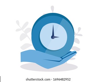 Clock on hand Ilustración vectorial para banner web, infografía, móvil. mano con reloj