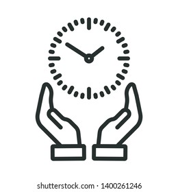clock on hands - minimal line web icon. simple vector illustration. concept for infographic, website or app.