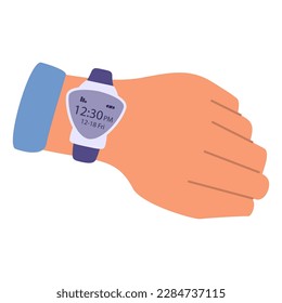 Clock on the hand.Smart watch. Hand with clock.Hand watch. Wearable technology.Isolated on white background.Vector flat illustration.