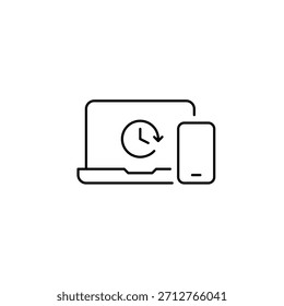 Reloj en el ordenador portátil y el teléfono. Horas de trabajo, fecha límite del proyecto y tiempo de pantalla del usuario. Icono de Vector de trazo perfecto y editable