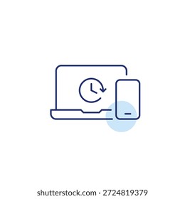 Reloj en el ordenador portátil y el teléfono. Horas de trabajo, fecha límite del proyecto y tiempo de pantalla del usuario. Icono de Vector de trazo perfecto y editable