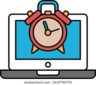 A clock is on a laptop screen with the time of 10:30. The clock is red and white