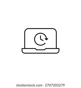 Reloj en la computadora portátil. Horas de trabajo, fecha límite del proyecto y tiempo de pantalla del usuario. Icono de Vector de trazo perfecto y editable