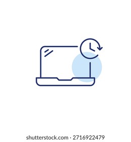Reloj en la computadora portátil. Horas de trabajo, fecha límite del proyecto y tiempo de pantalla del usuario. Icono de Vector de trazo perfecto y editable