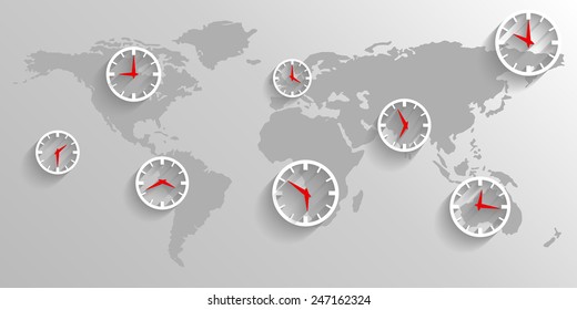 Clock on the map of the world clock lag poster, globe business concept banner background