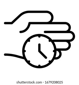 Uhren Sie auf dem Palmensymbol. Rahmenuhr auf der Vektorillustration der Handfläche für Webdesign einzeln auf weißem Hintergrund