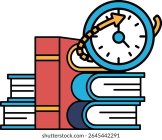 A clock is on top of a stack of books. The clock is showing the time as 10:30. The books are arranged in a way that they are stacked on top of each other, with the bottom book being the largest
