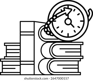 A clock is on top of a stack of books. The clock is showing the time as 10:30. The books are arranged in a way that they are stacked on top of each other, with the bottom book being the largest