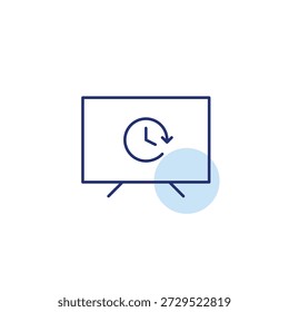 Uhr am Fernseher. Zeitgesteuerter Medienzugriff, zeitgesteuertes Video-Streaming, Anzeigen von Inhalten innerhalb eines festgelegten Zeitrahmens. Pixel perfekt, bearbeitbares Strichvektorsymbol
