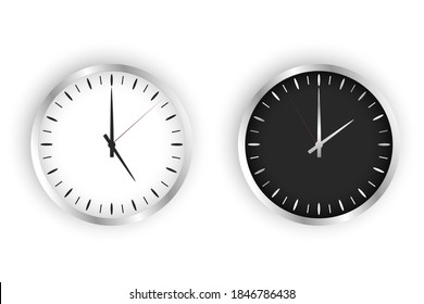 Clock on the wall, black and white. An arrow on the dial. Round shape. Two types, dark and light. Metallic edging. Vector image
