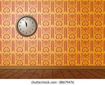 Clock on the wall covered with decorative wallpaper