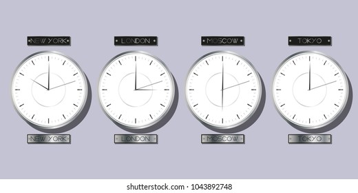 The clock on the wall shows the time zones. The watch face is classic for the office. Vector illustration