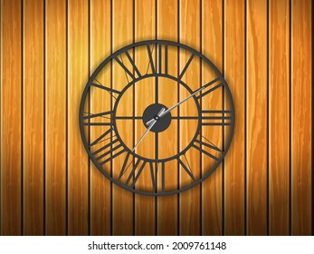 Reloj sobre un fondo de madera. Ilustración vectorial.