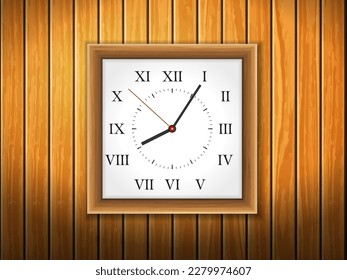 Clock on a wooden background. Vector illustration.
