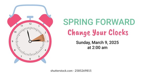 Сhange clock to one hour forward flat vector illustration, spring forward, Daylight Saving Time concept. Rectangular banner with white background, pink alarm clock.