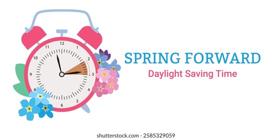 Сhange clock to one hour forward flat vector illustration, spring forward, Daylight Saving Time concept. Square banner with white background, pink alarm clock with flowers.