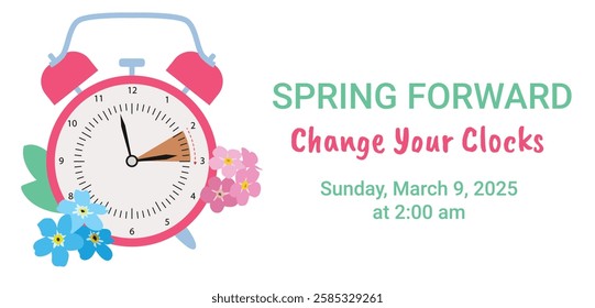 Сhange clock to one hour forward flat vector illustration, spring forward, Daylight Saving Time concept. Rectangular banner with white background, pink alarm clock with flowers.