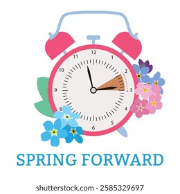 Сhange clock to one hour forward flat vector illustration, spring forward, Daylight Saving Time concept. Square banner with white background, pink alarm clock with flowers and date and time.