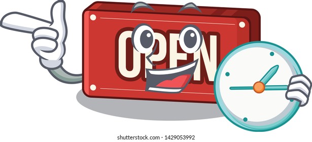 With clock open sign isolated in the cartoon