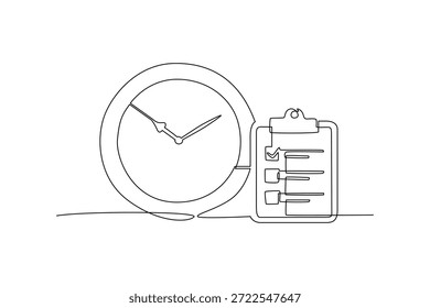 Reloj con lista de verificación organizada. Concepto de gestión del tiempo. Diseño de dibujo de línea única. Ilustración gráfica de Vector