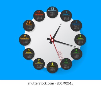 Clock paper calendar 2015 in circle composition with arrows. Original template with different color elements.Vector conception of time managing. Illustration for printing on sleek material.