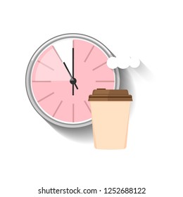 Clock with a paper Cup of coffee. Flat style. Vector